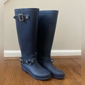 Navy Tall Rain Boots with Buckle Detail – Waterproof Riding Style Boots Size 6